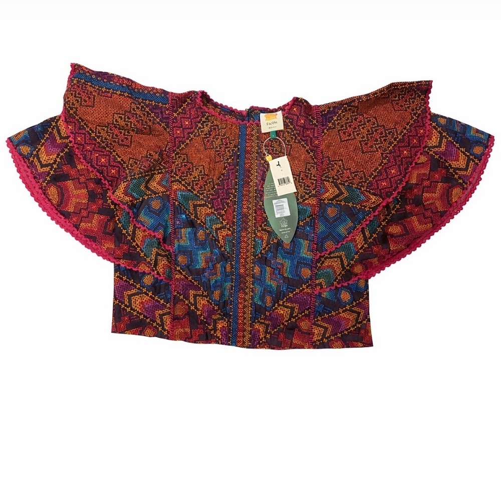 Farm Rio Yawanawa Stripes Blouse: Colorful Geometric Patterned Women's Top NWT - Picture 3 of 7